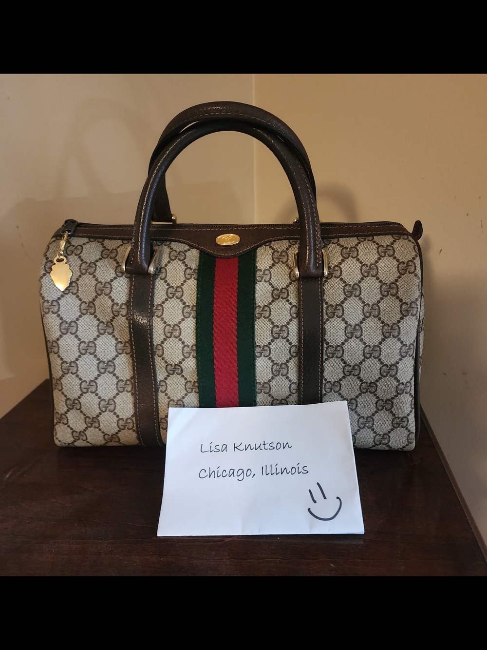 Gucci Brown GG Canvas Satchel with Green and Red Stripe